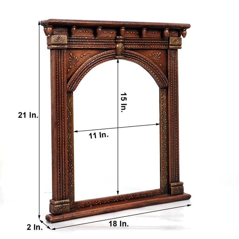 Carved archway wood wall accent with dimensions marked on the image