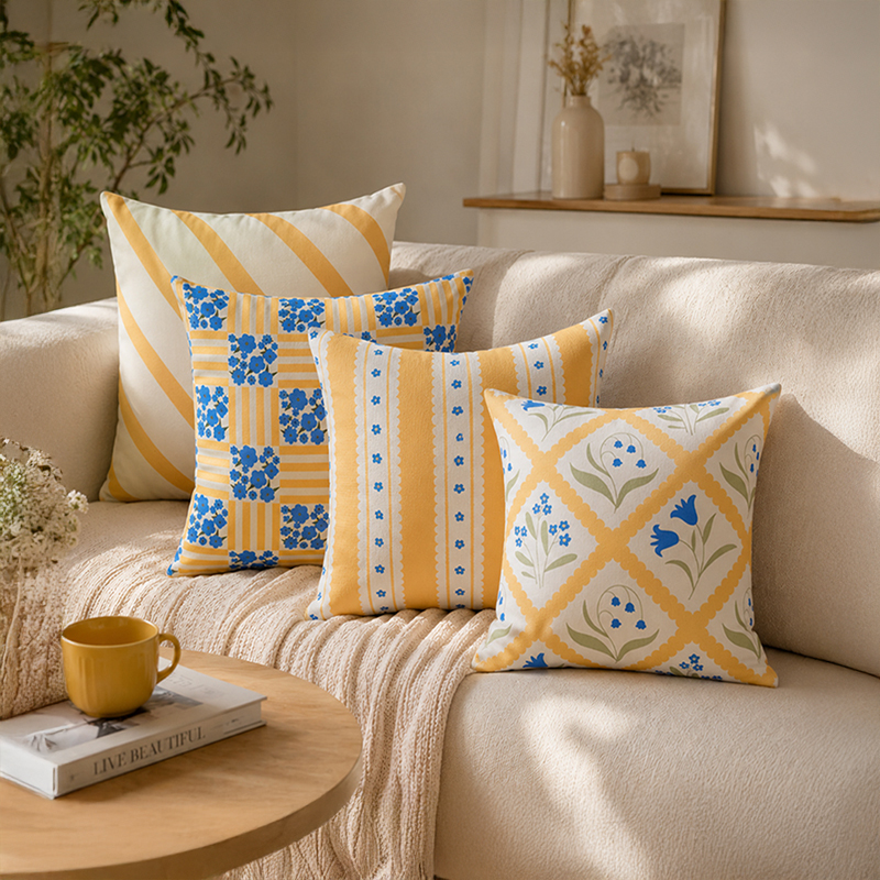 Floral Damask Printed Cushion Covers - Set of Four - 16 x 16 Inches