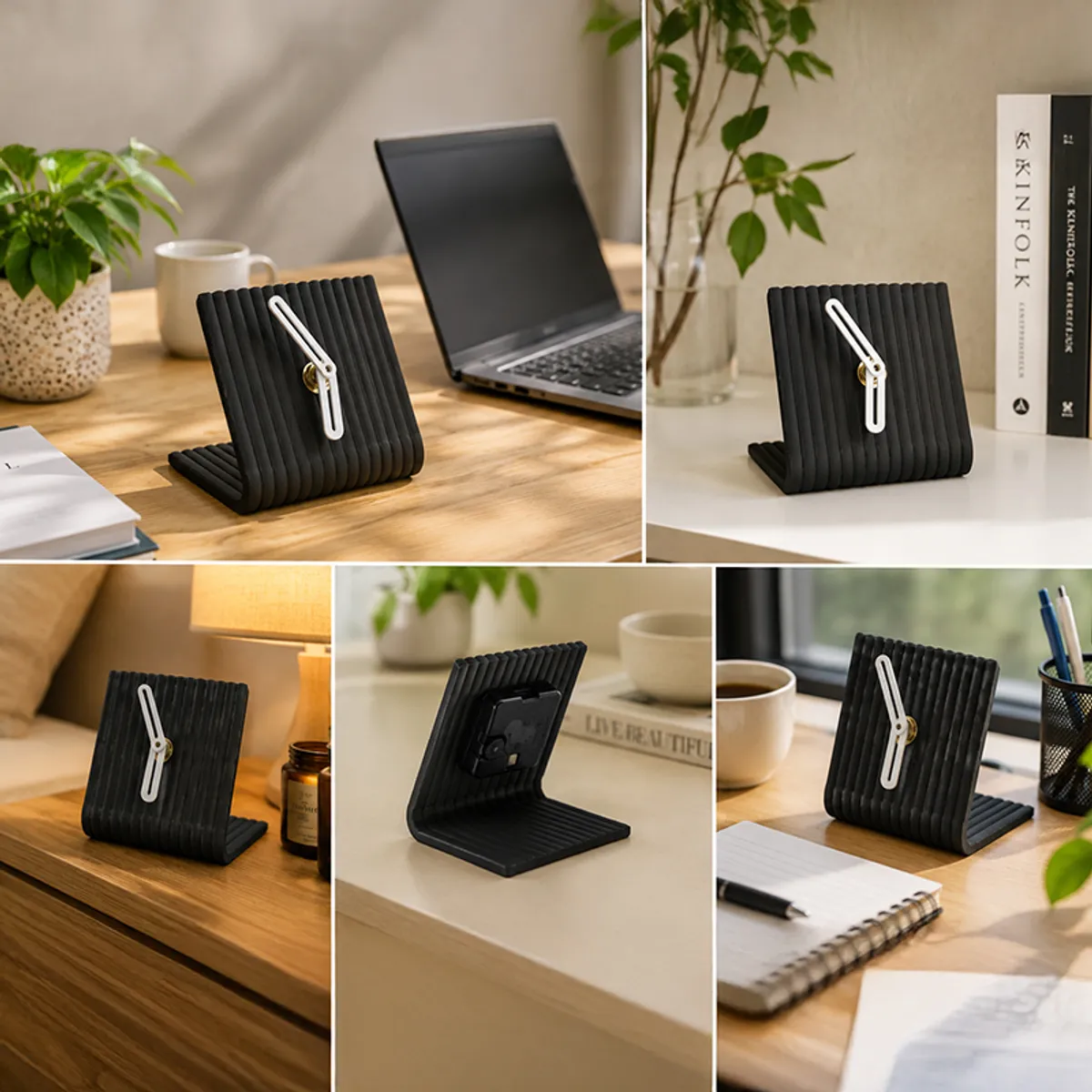 Black ribbed table clock styled on a desk, shelf and bedside table