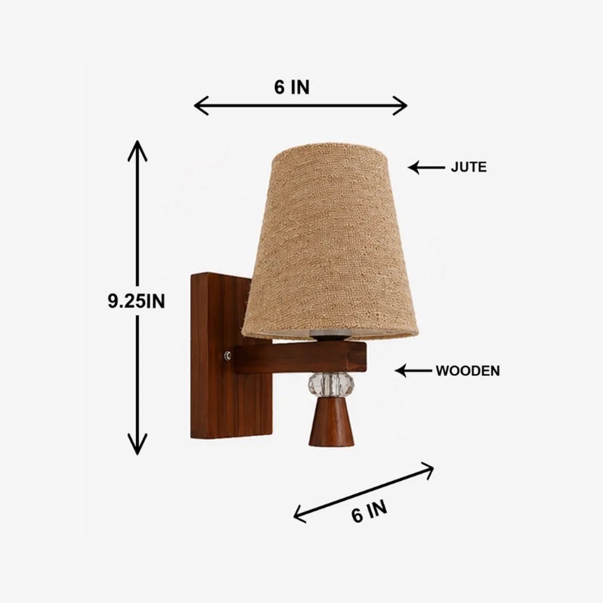 Brown wall lamp with jute shade shown with 6-inch width and 9.25-inch height.