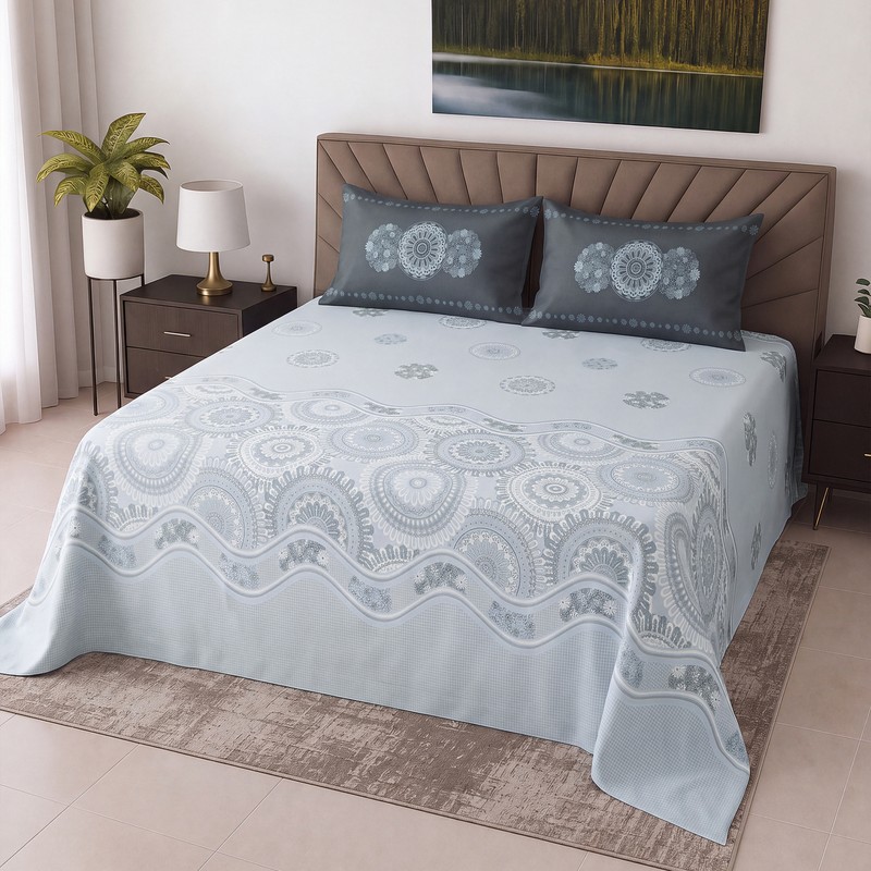 Norelia Cotton Bedsheet - Blue,Grey - King
