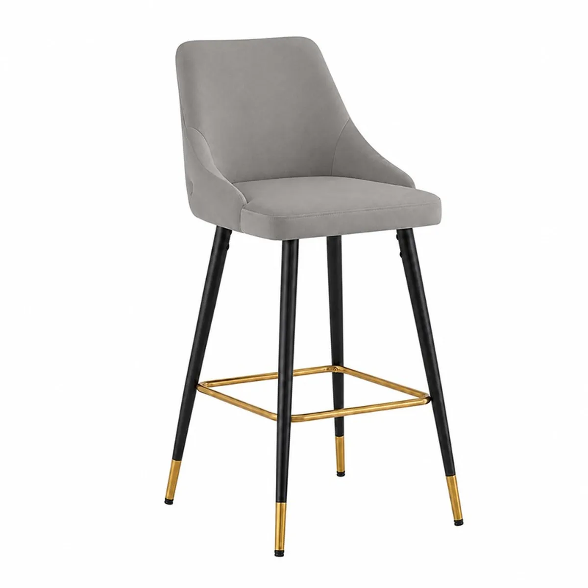 Grey upholstered bar chair with black legs and gold footrest, angled view