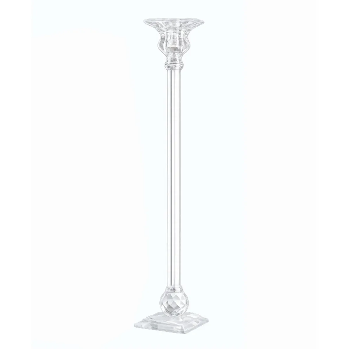 Three transparent crystal candle holders shown together at different heights