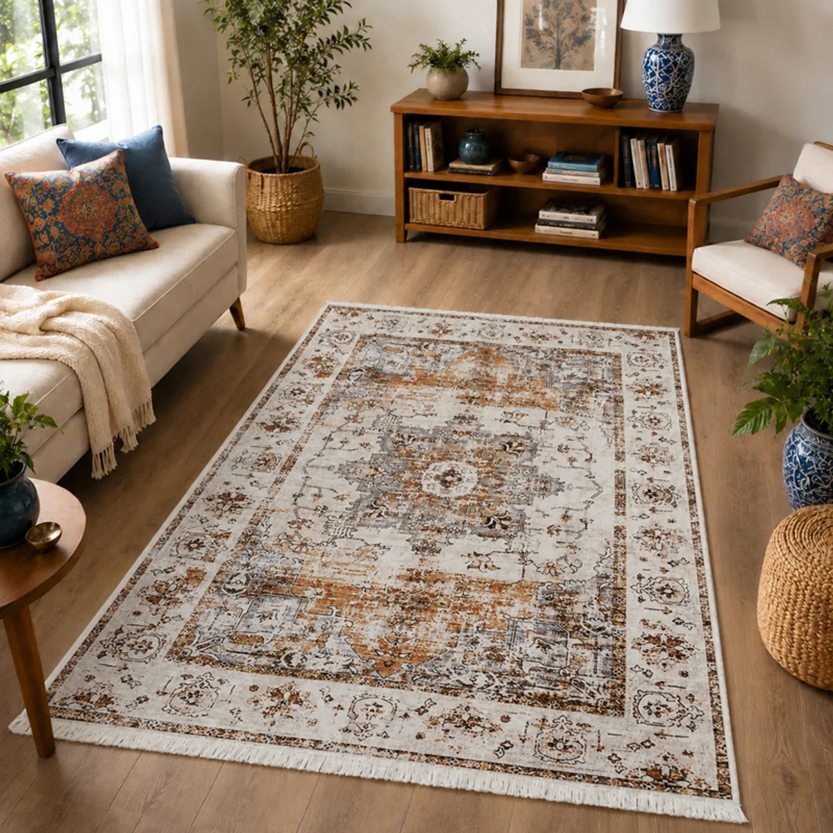 Beige patterned carpet styled in a living room with a sofa and wooden flooring
