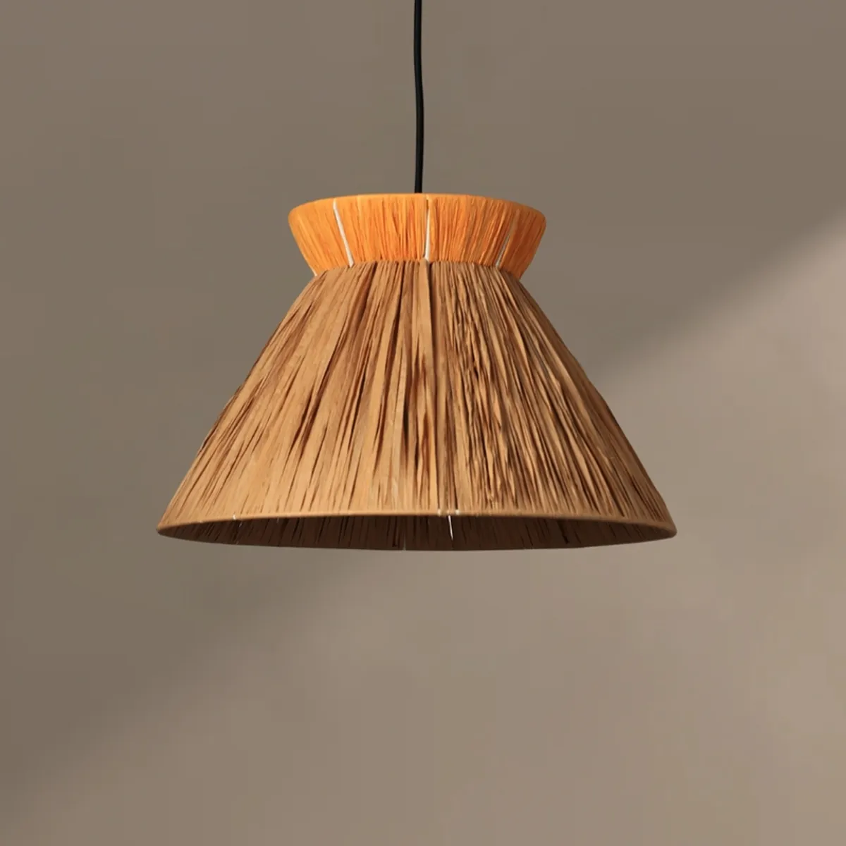 Front view of a conical rattan pendant lamp