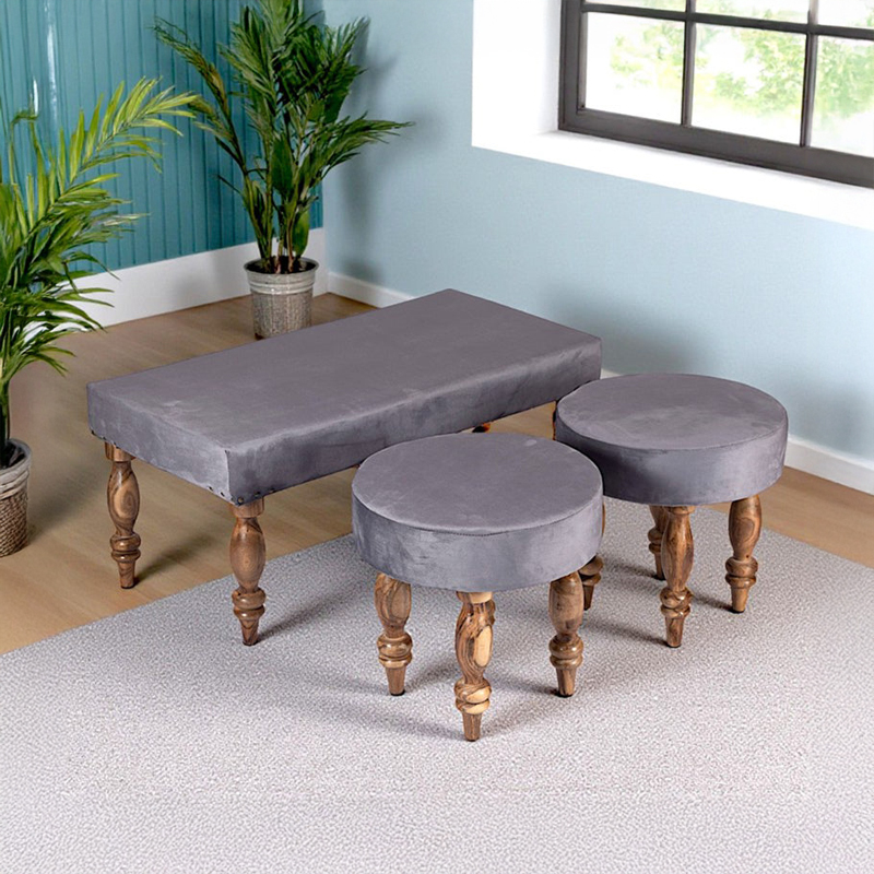 Dunex Sheesham Wooden Bench With Stools (Grey) - Three Piece Set