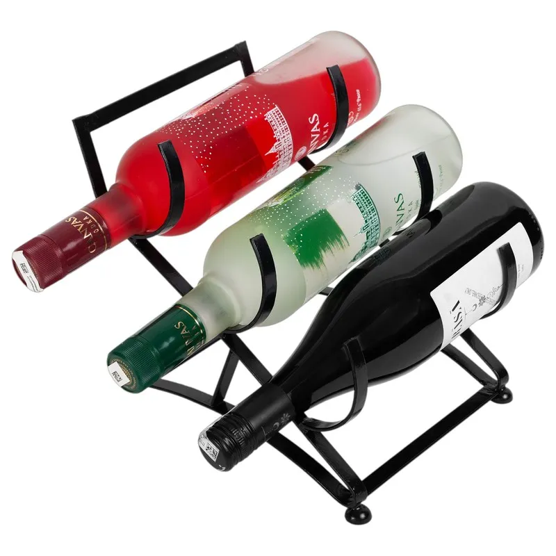 Angled black bottle holder displaying three bottles in horizontal positions.