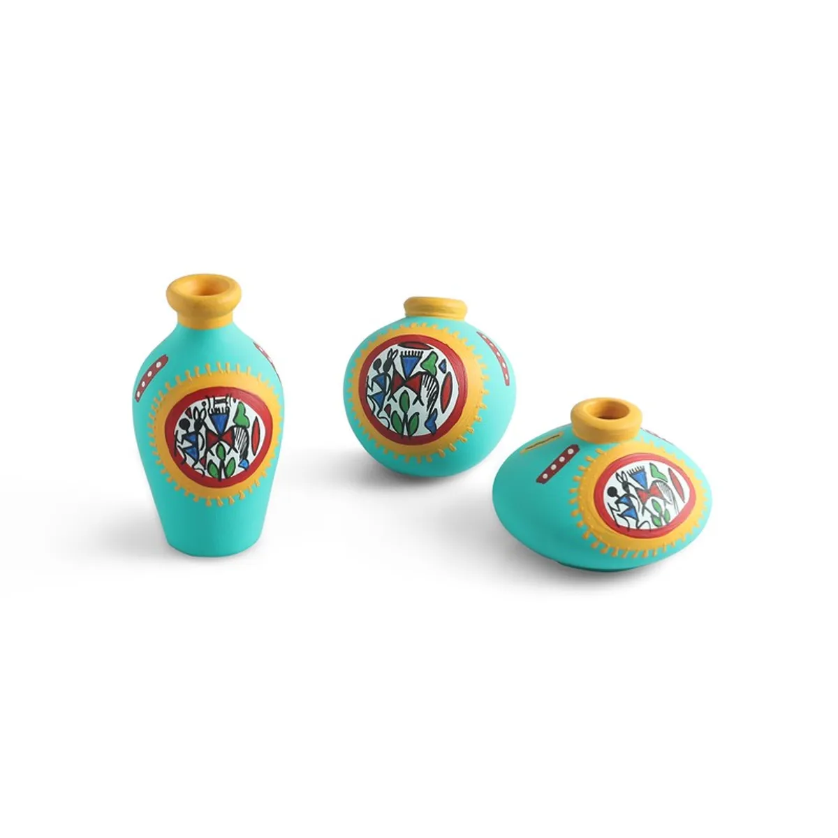 Set of three turquoise decorative vases with hand-painted folk-art motifs