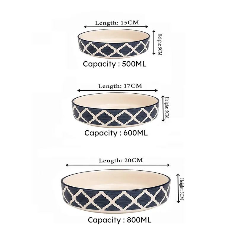 Three blue and white patterned bowls shown with their different capacities.