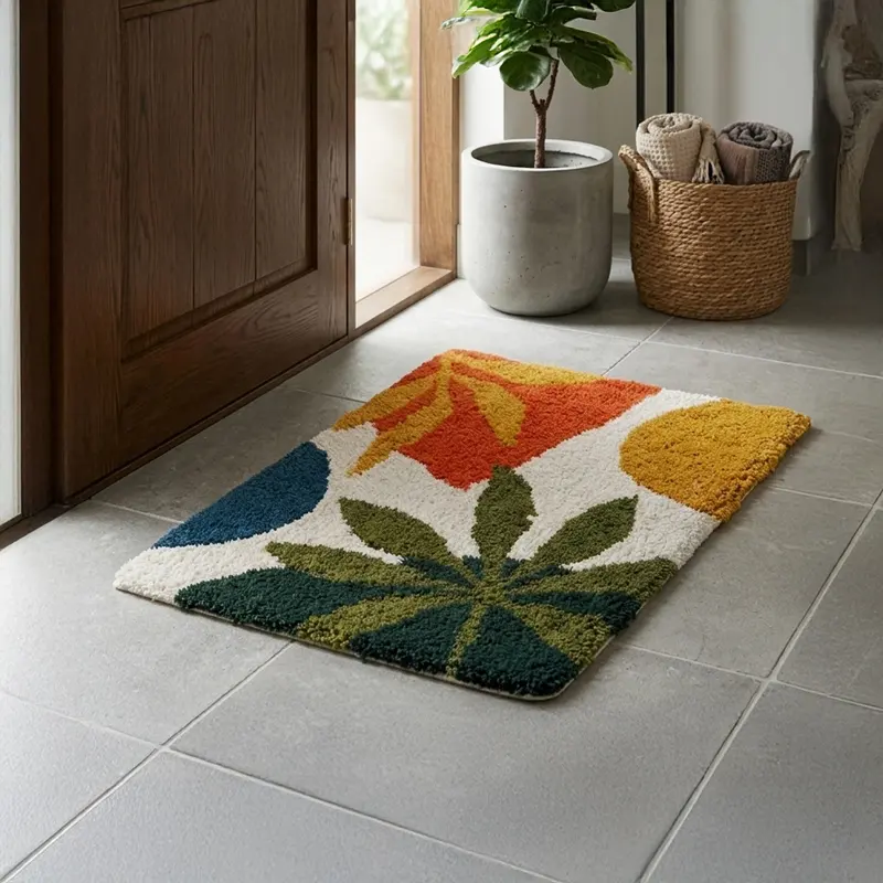 Abstract Botanical Anti-Skid Tufted Cotton Bath Mat - 40 x 60 cms