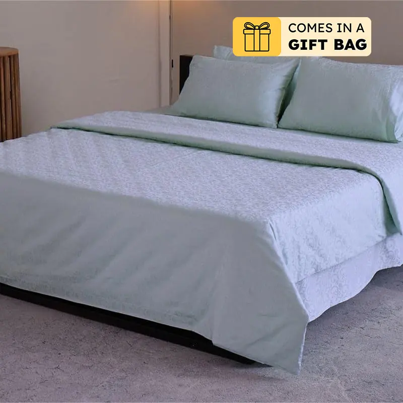 Damask Ethnic Cotton Bedsheet (Ice Blue) - 300 TC - Queen Fitted