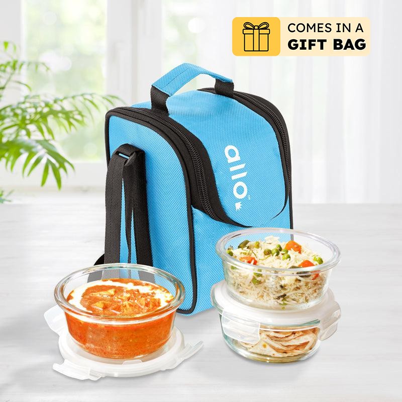 Oliva Round Glass Lunch Box With Blue Lunch Bag (400 ML) - Four Piece Set - 400 ML