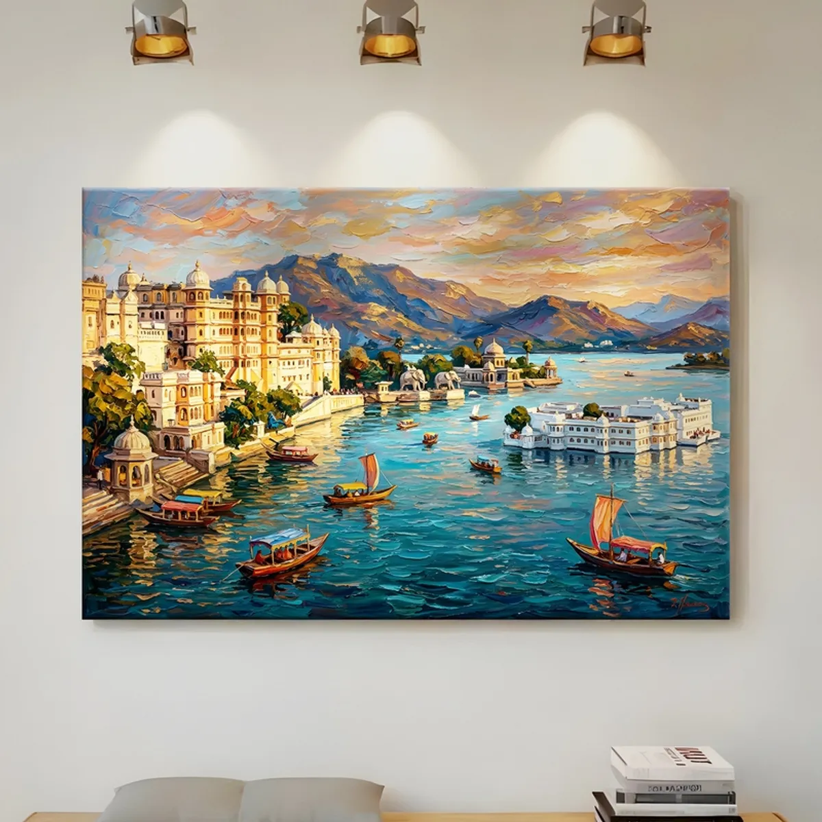 Wide canvas wall painting of a palace lake scene under warm wall lights