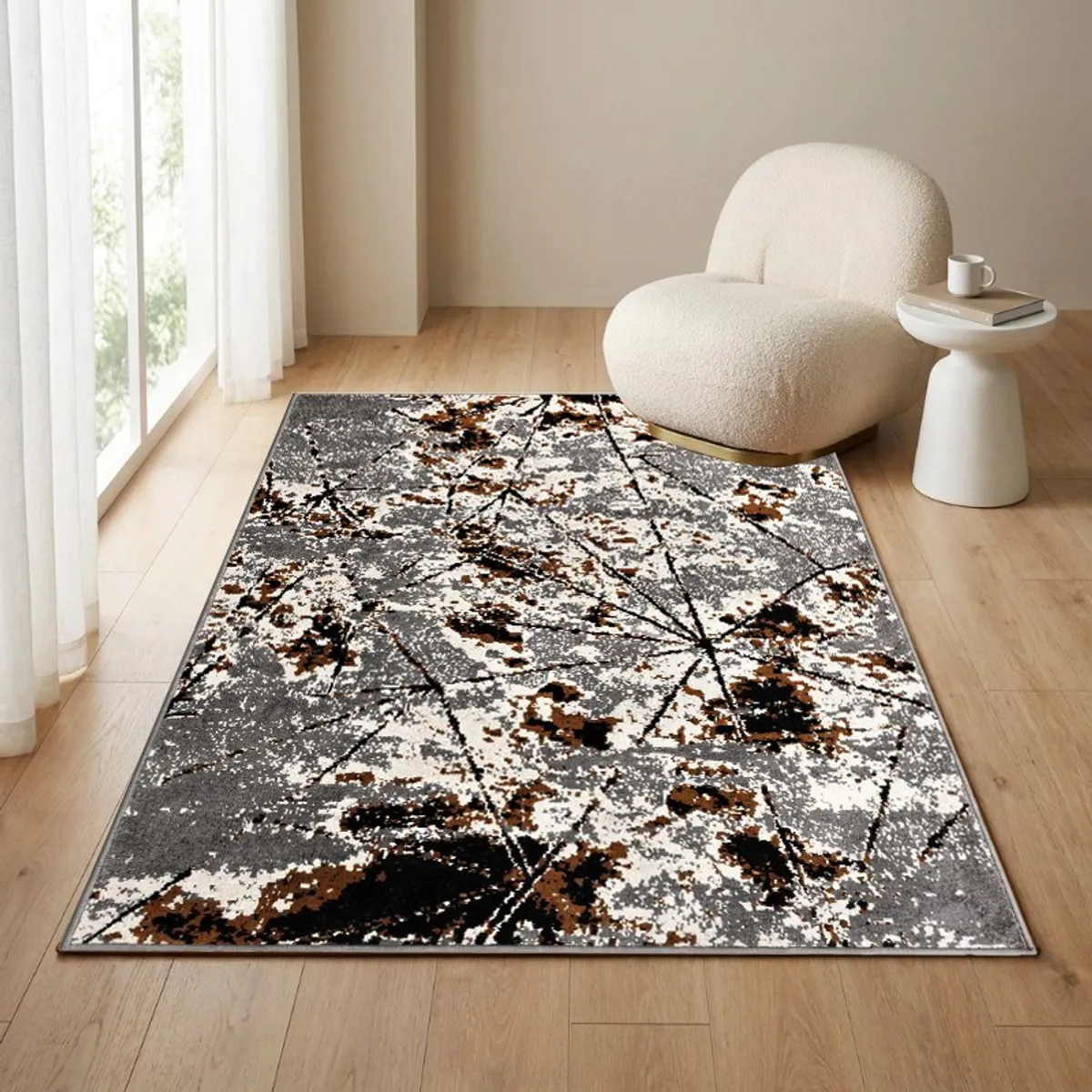 Grey and brown abstract carpet styled in a bright living room