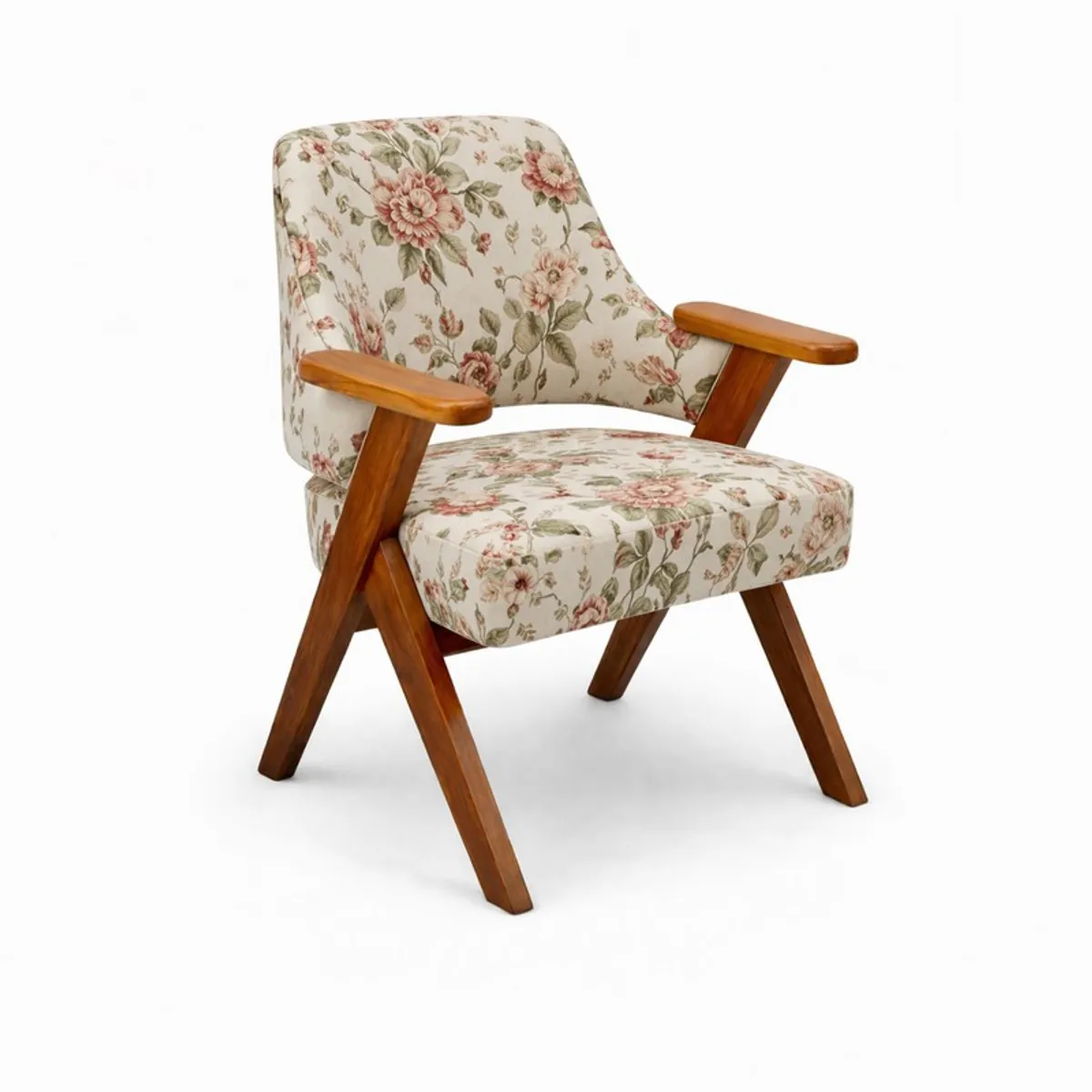 Front three-quarter view of a floral velvet chair with wooden arms and legs