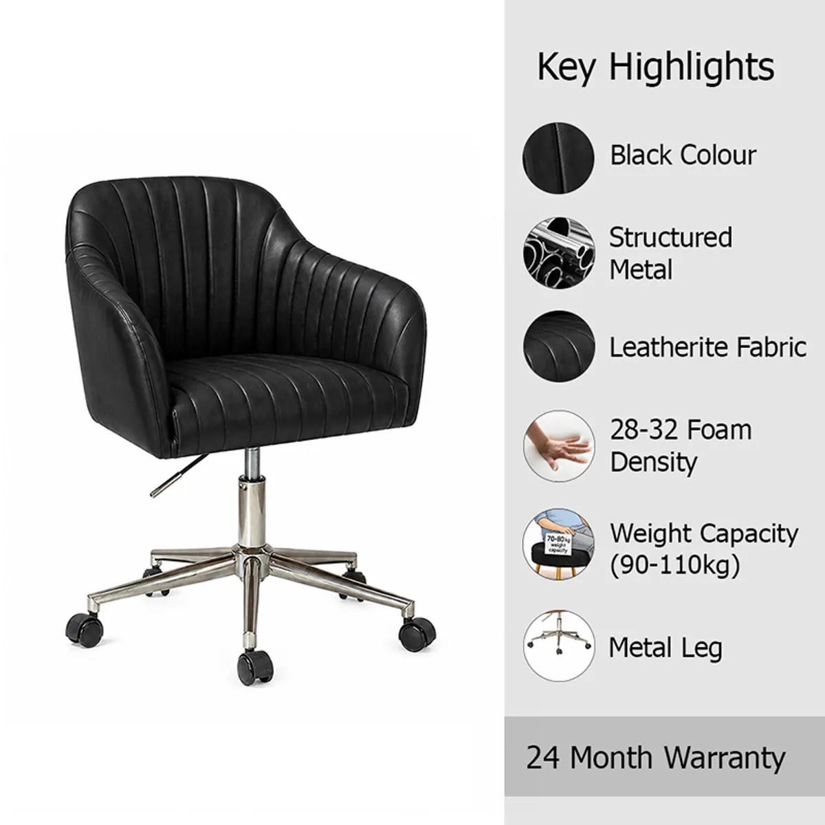 Black office chair shown with padded seat, metal structure and leatherette upholstery.