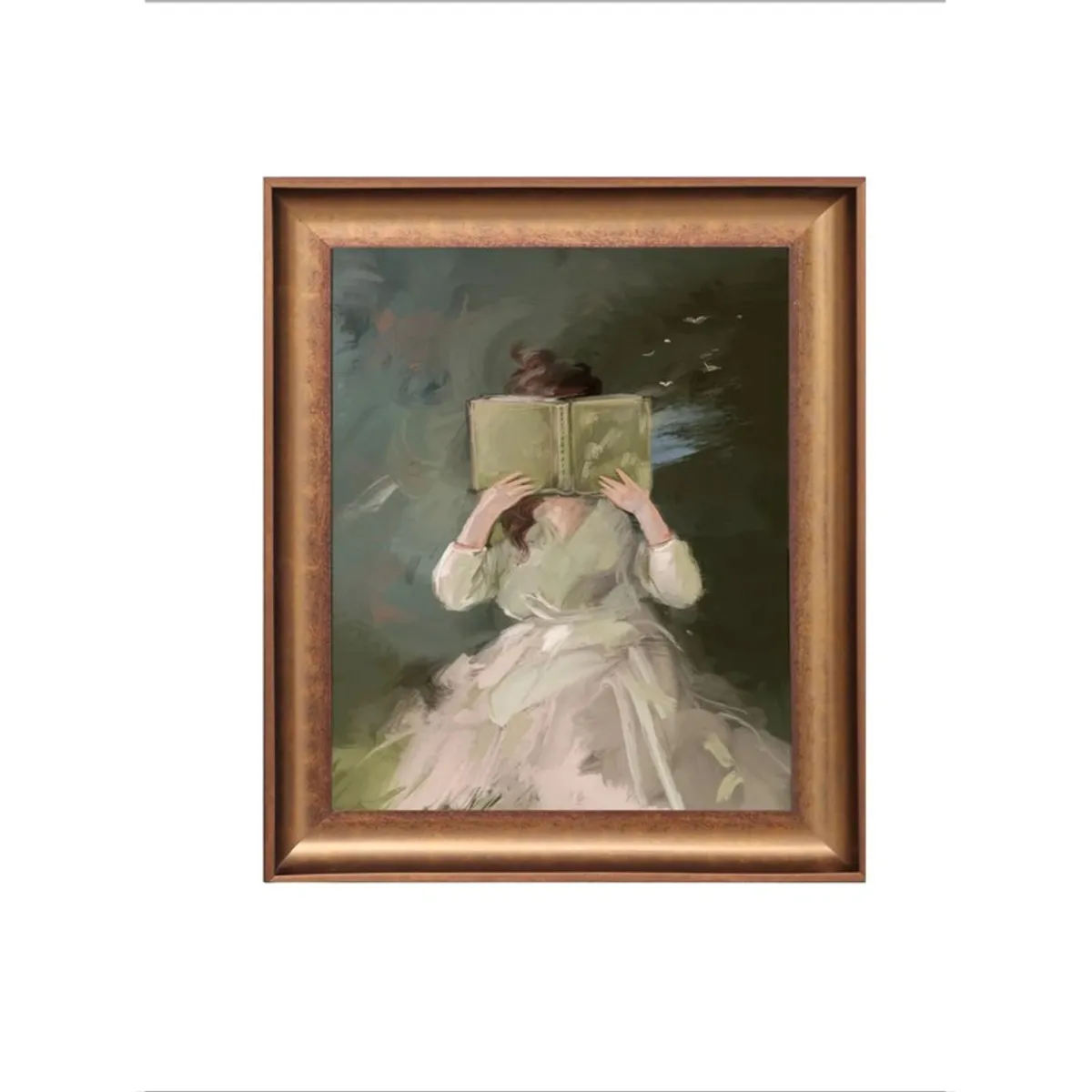Straight-on view of the framed figurative canvas wall painting