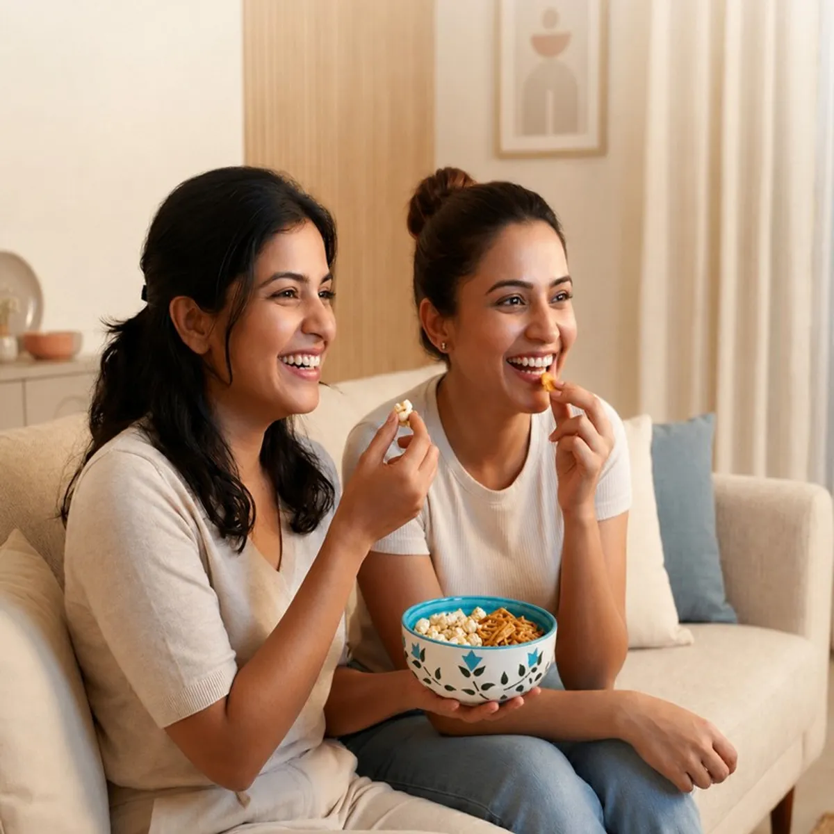 Two women sharing snacks from a blue and white floral ceramic bowl