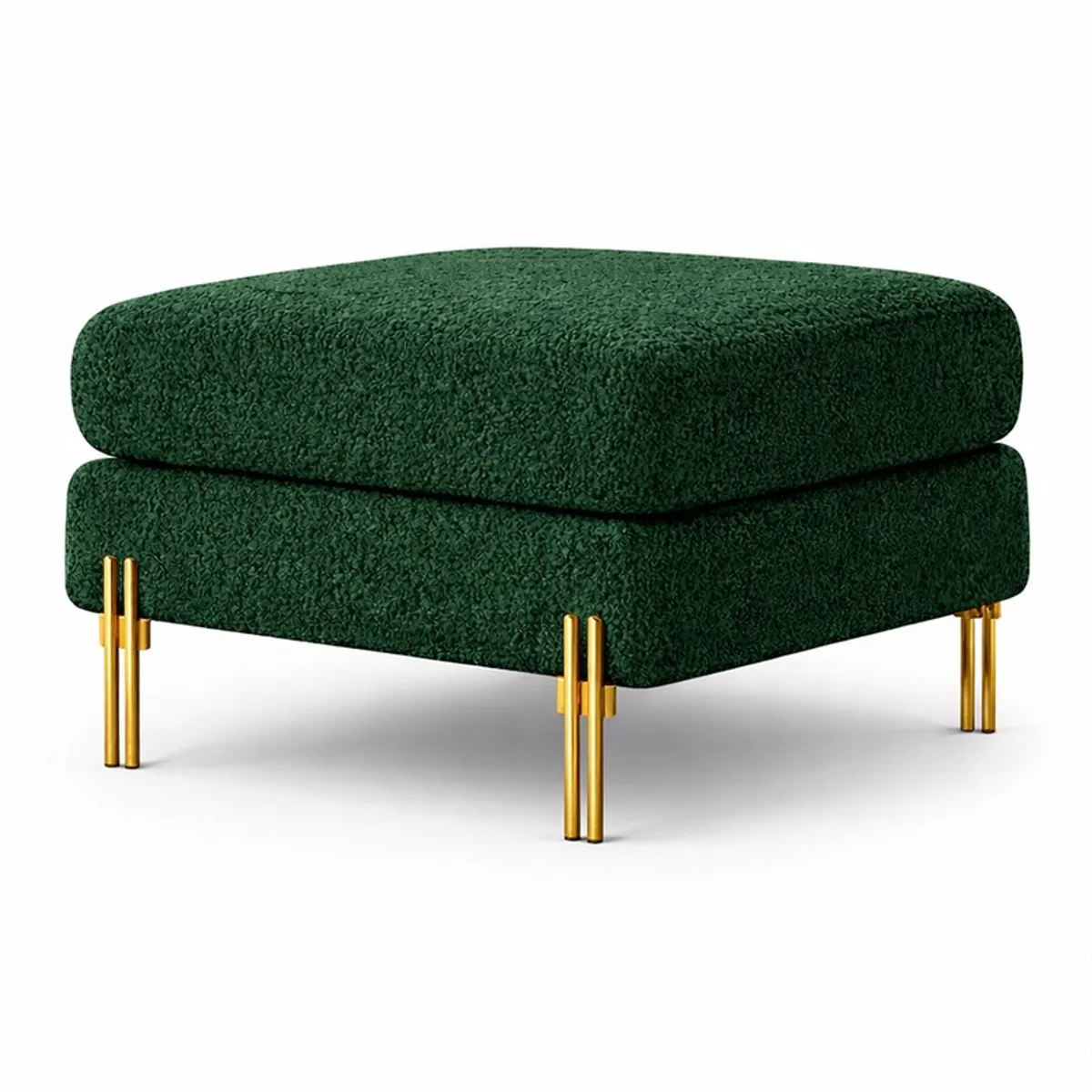 Green square bouclé ottoman with gold metal legs on a white background
