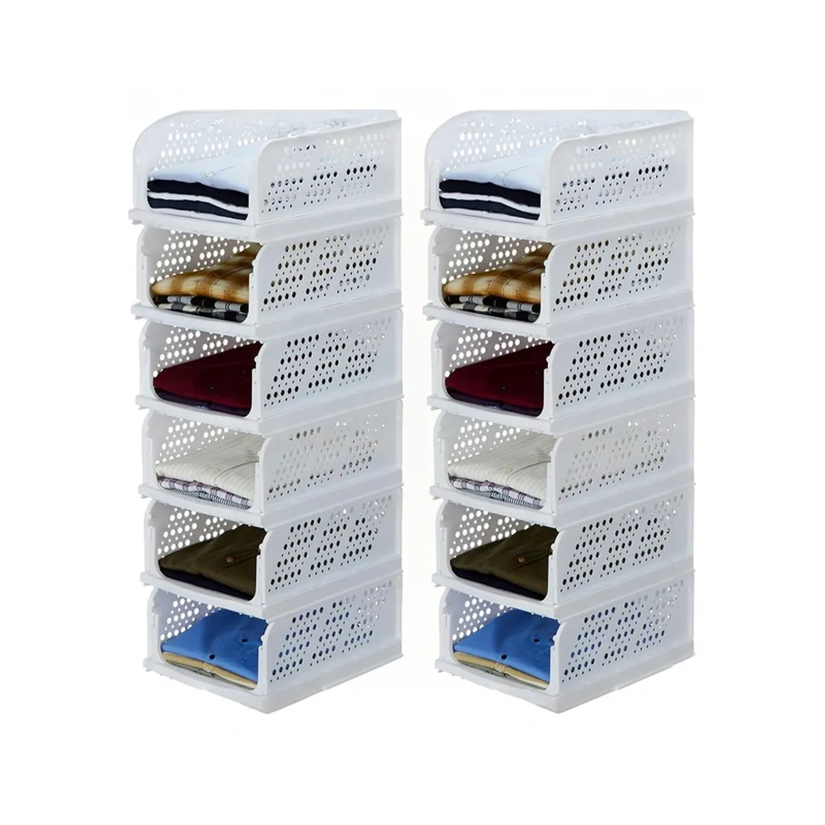 Two columns of white organisers stacked with clothes