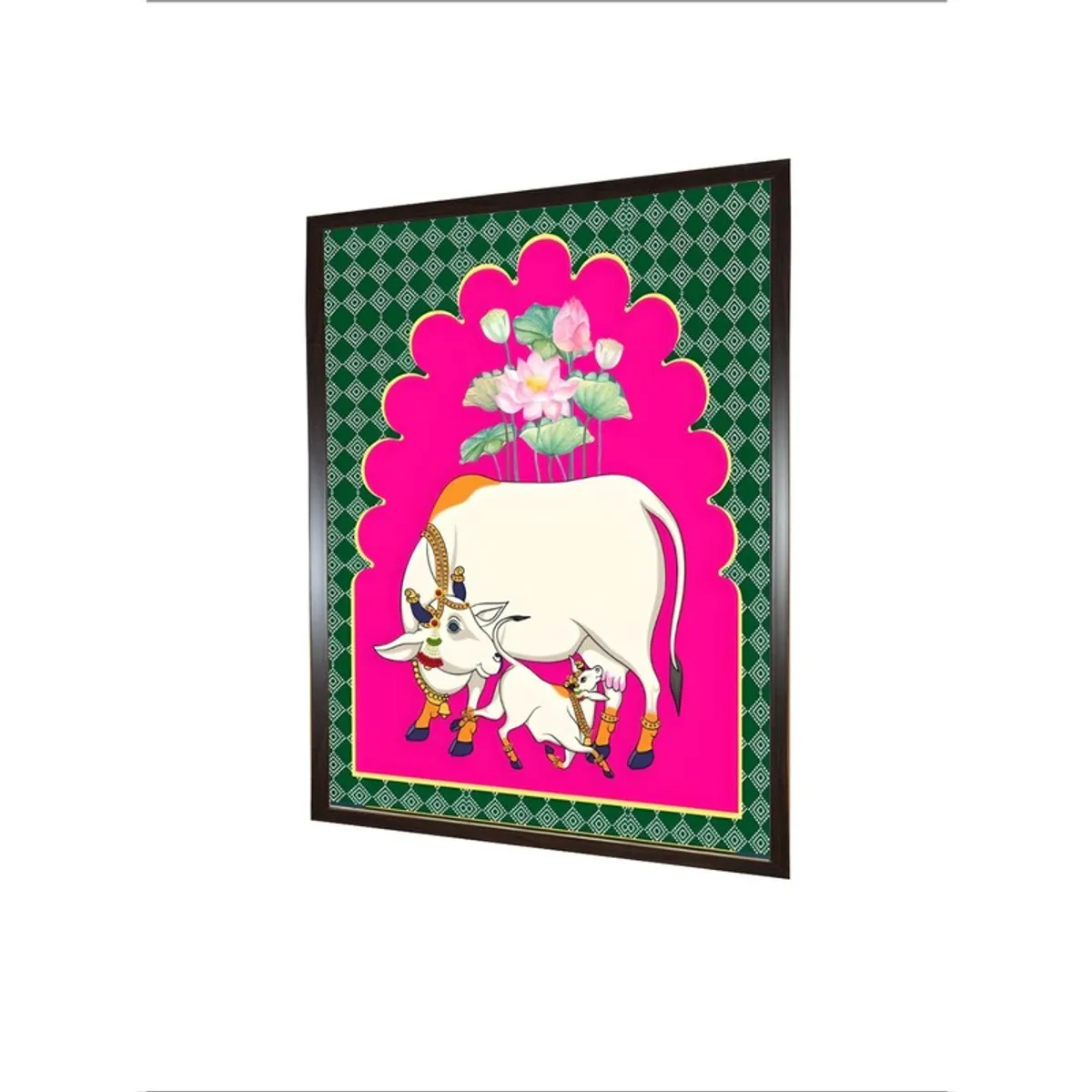 Angled view of framed mother calf lotus canvas wall painting