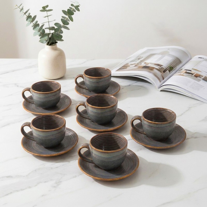 Daily Delight Ceramic Cup & Saucer Set (Ocean Blue/250 mL Each) - Set of Six - 250 mL