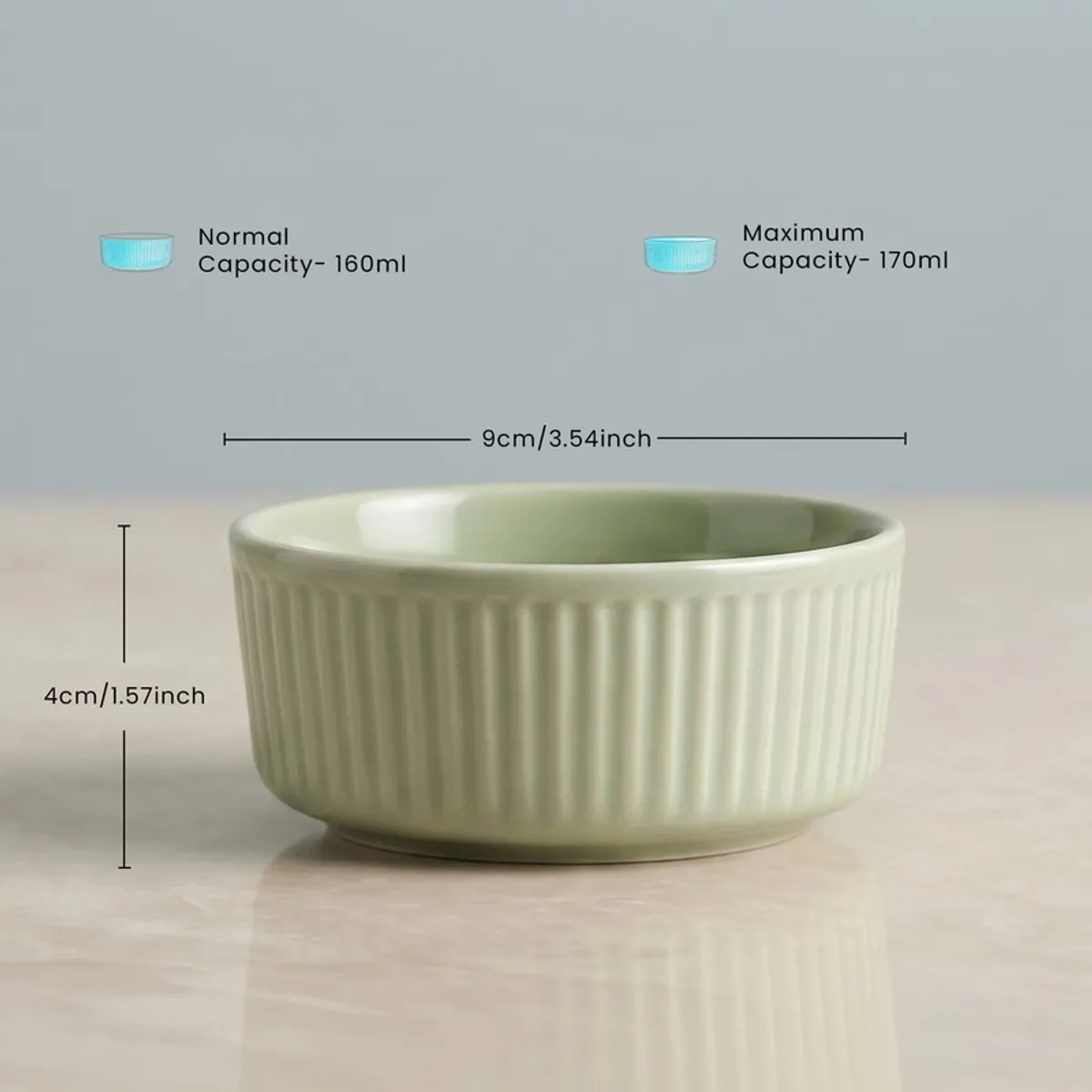 Close-up of a sage green ribbed snack bowl