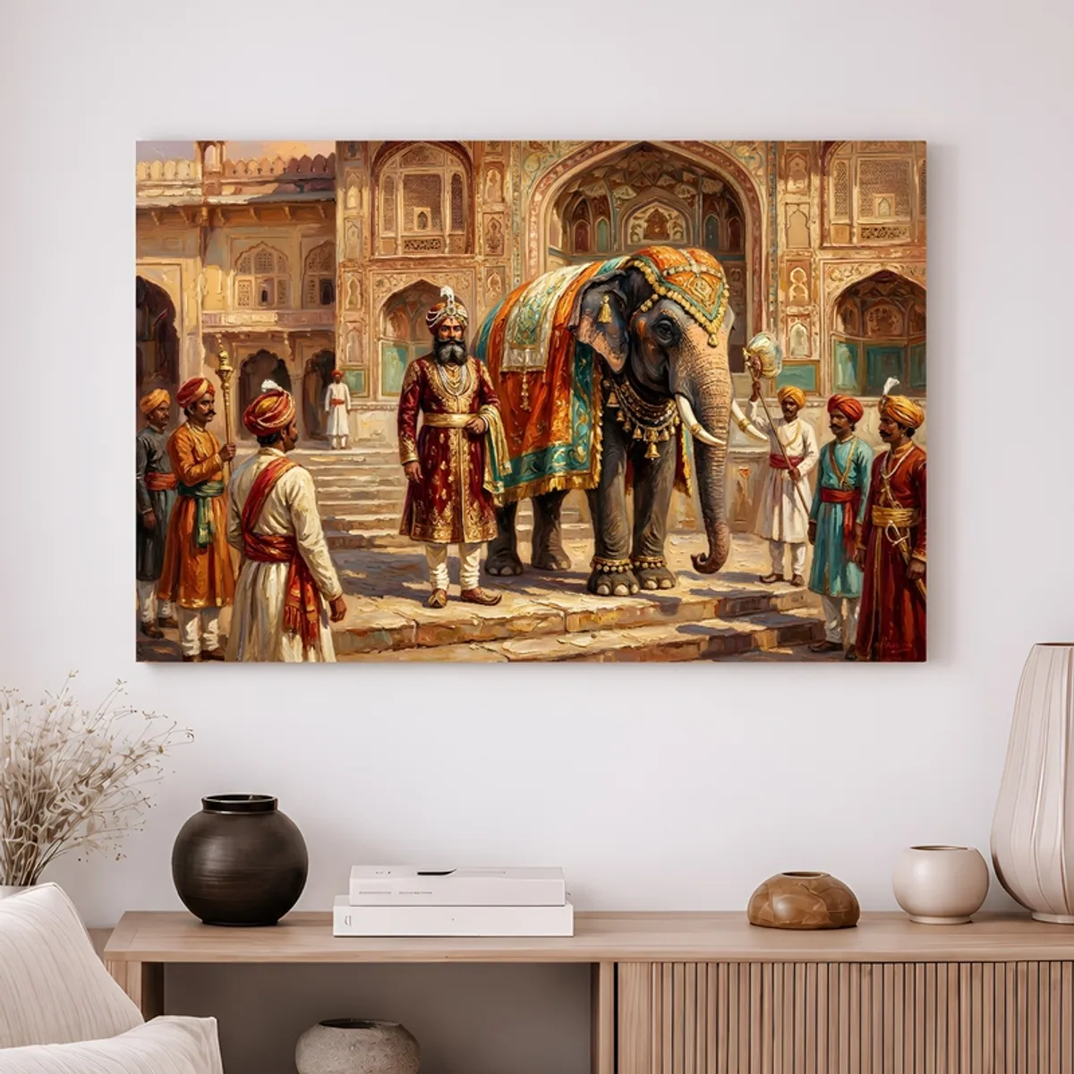 Rajasthani elephant procession wall painting hung above a sideboard