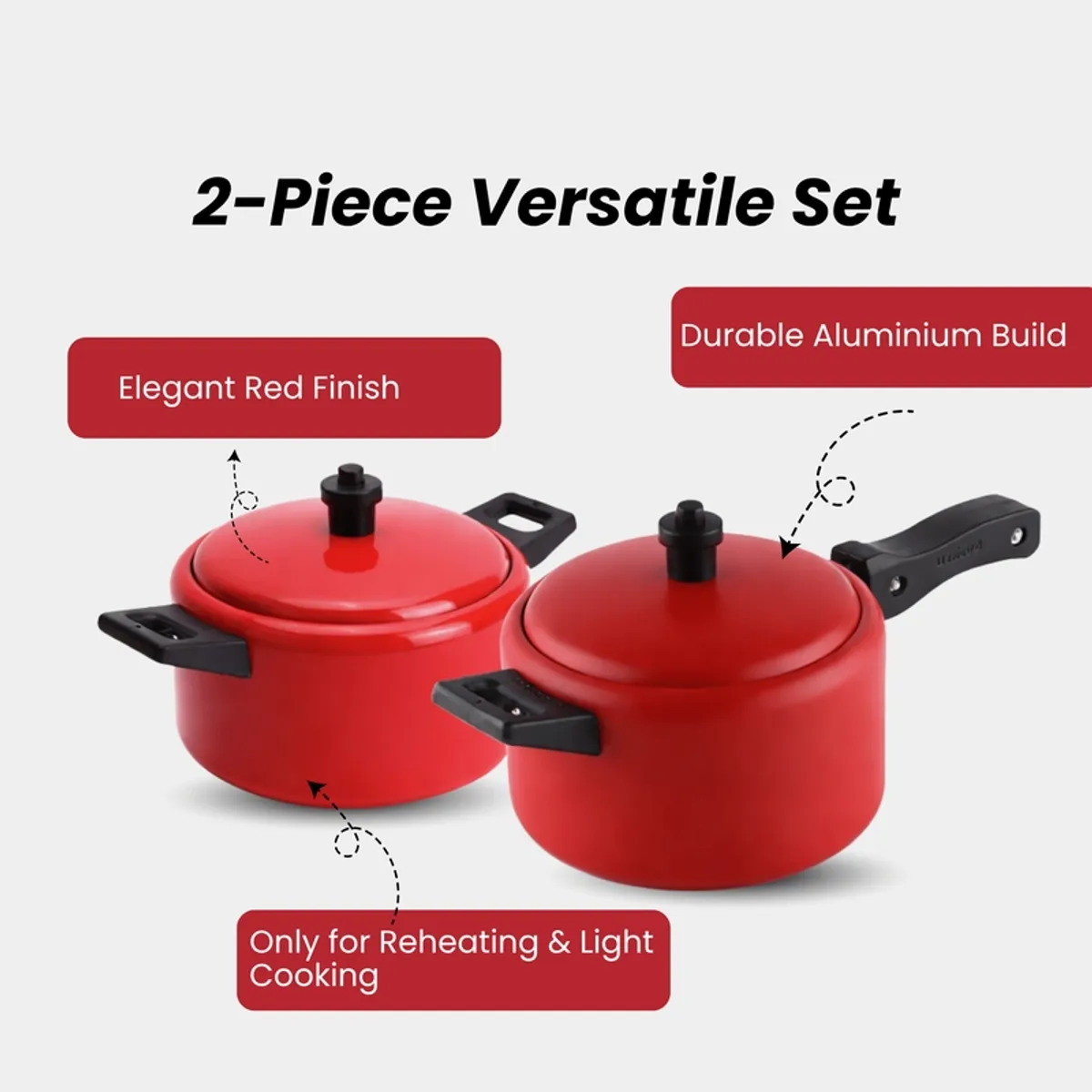 Two red lidded cookware pieces with black handles on a plain background