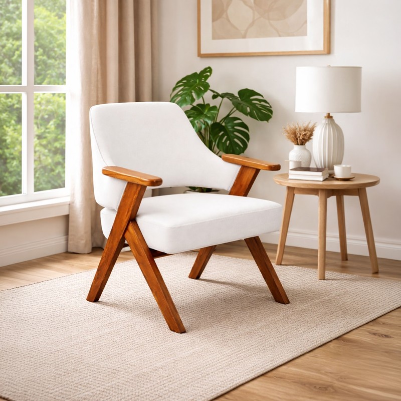 Corvello Teak Wood & Velvet Accent Chair - White