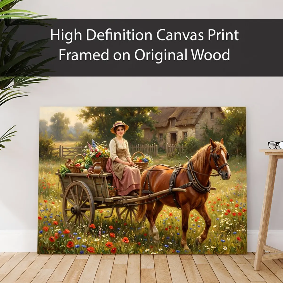 Canvas print of a vintage horse wagon with floral details displayed in a styled room