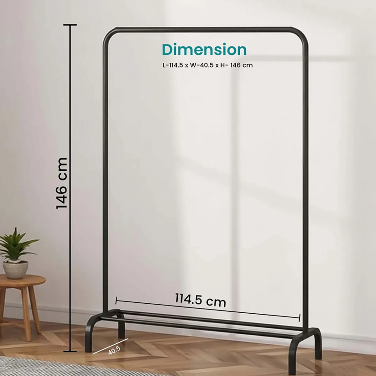 Black metal clothes rack with dimensions shown on the frame