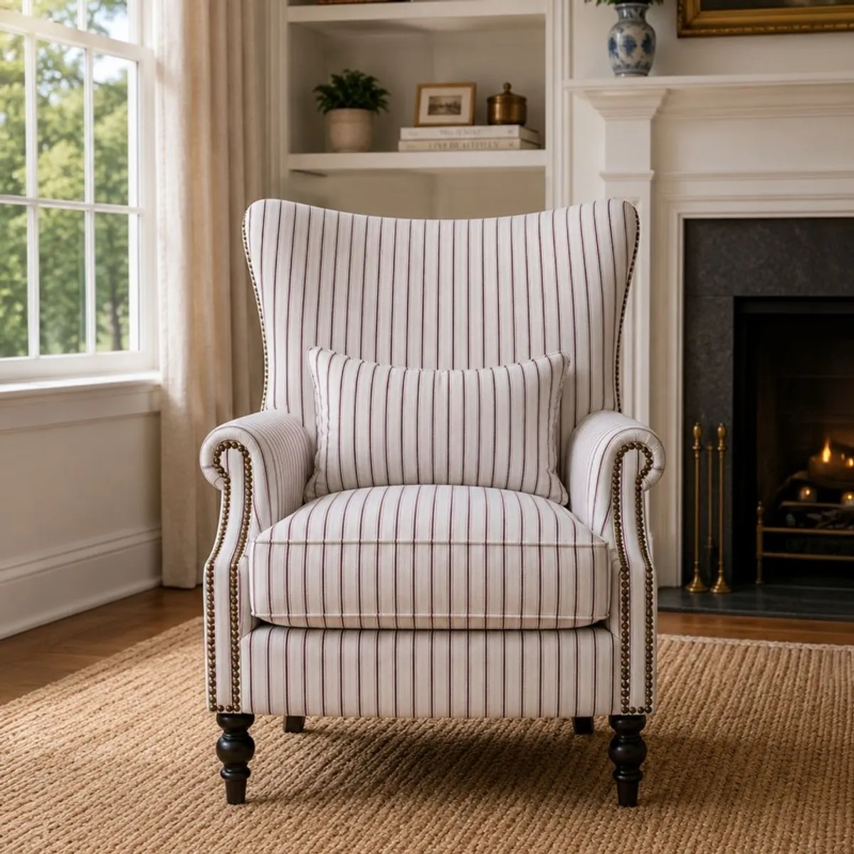 Front view of a white striped lounge chair with high back and rolled arms
