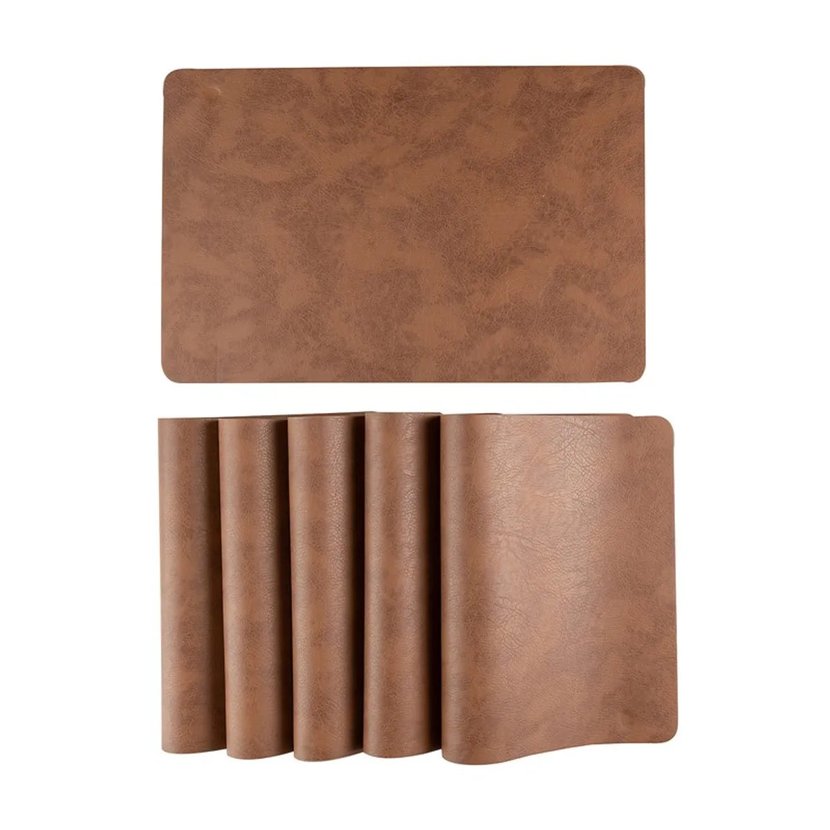 Single brown rectangular table mat with rolled mats below on white background