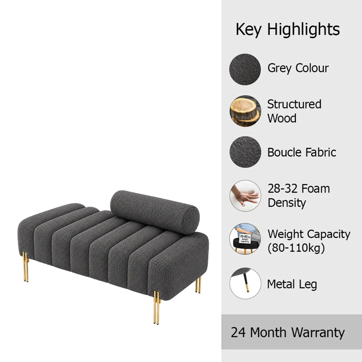 Grey bouclé accent bench shown with gold metal legs in a styled room