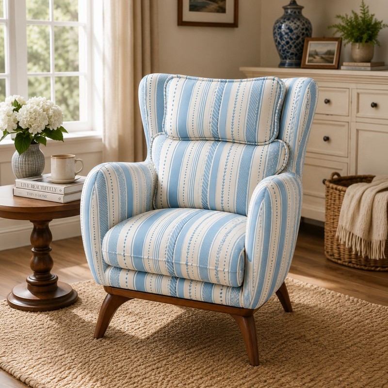 Melloway Teak Wood & Suede Lounge Chair - White & Blue