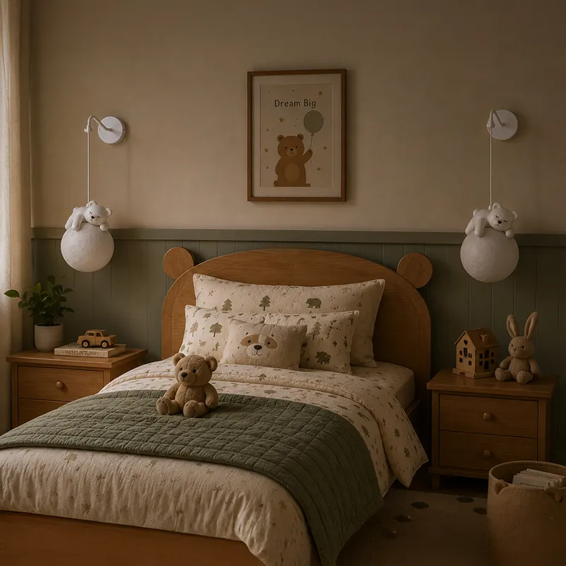 Off-white bear wall lamps displayed symmetrically above bedside tables