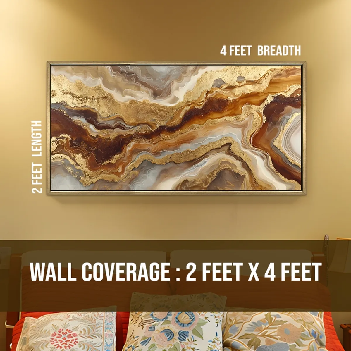 Framed abstract wall painting with flowing gold and brown design shown with size graphic