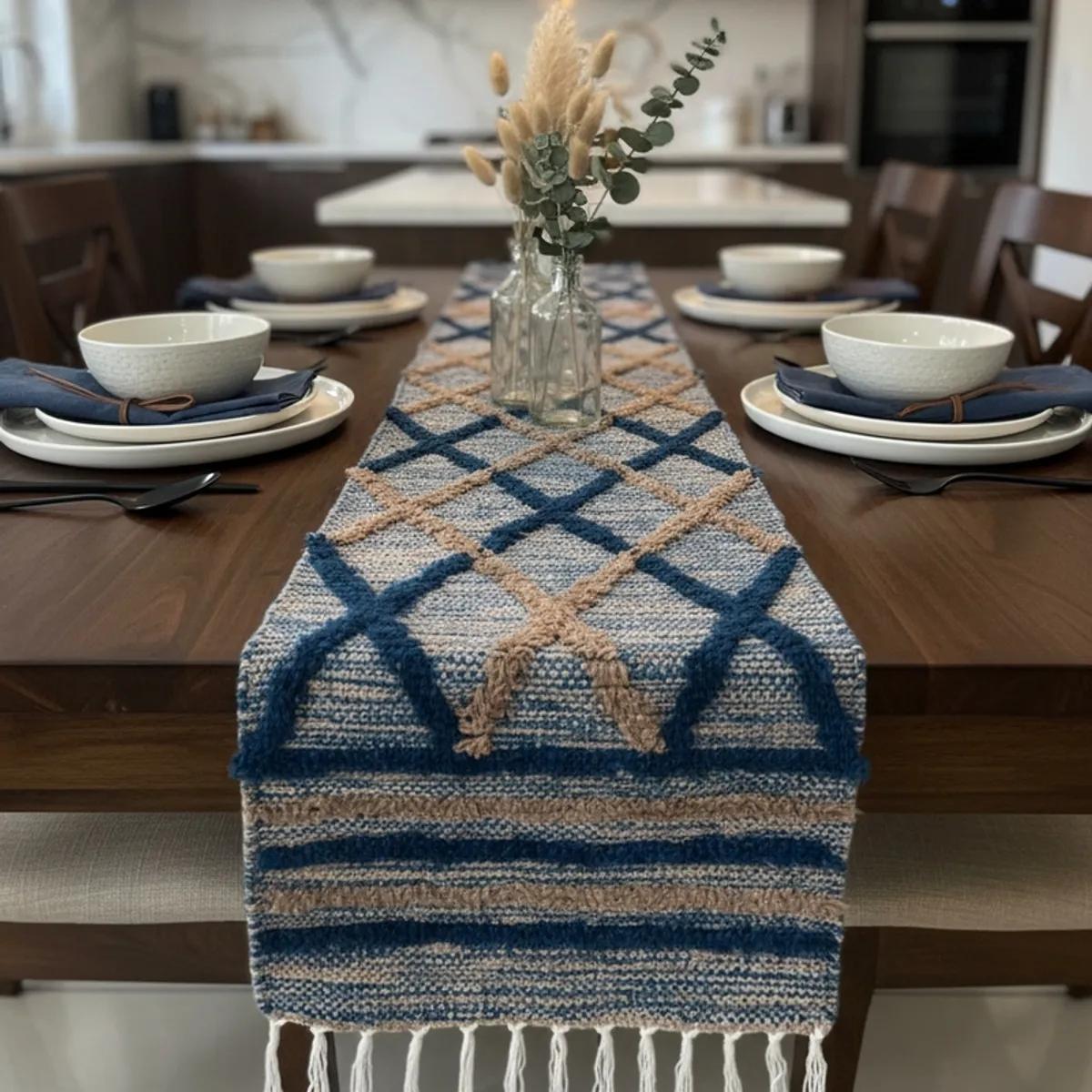 Textured blue and beige table runner styled on an indoor dining table