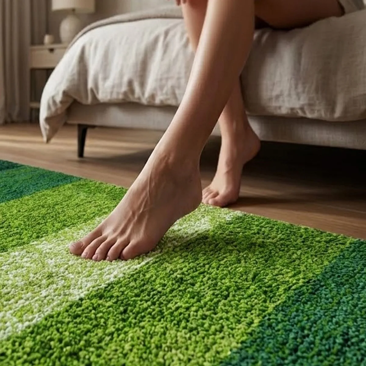 Bare feet standing on the green striped rug beside a bed