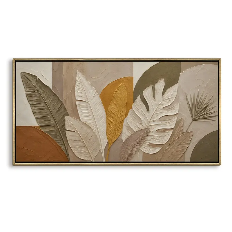 Leafscape canvas wall painting with layered botanical forms in beige, brown and ochre
