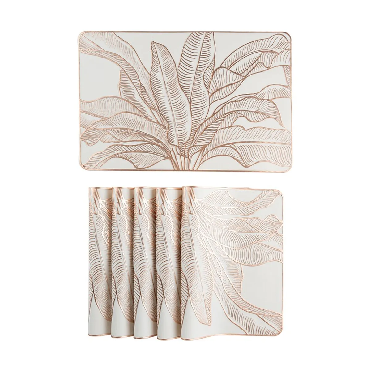 One placemat shown flat with five matching placemats folded below