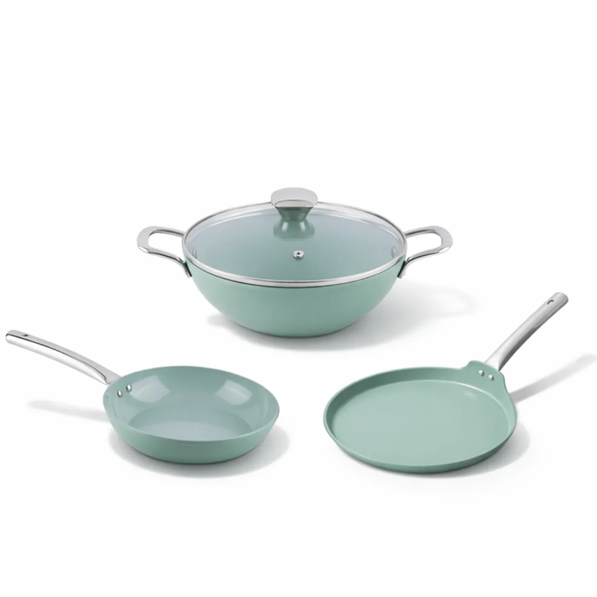 Three-piece teal cookware set displayed on a white background