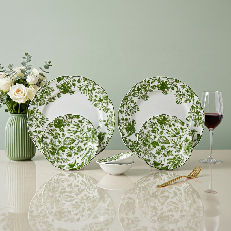 Hearthline Porcelain Dinner Set (Green & White) - 6 Piece Set