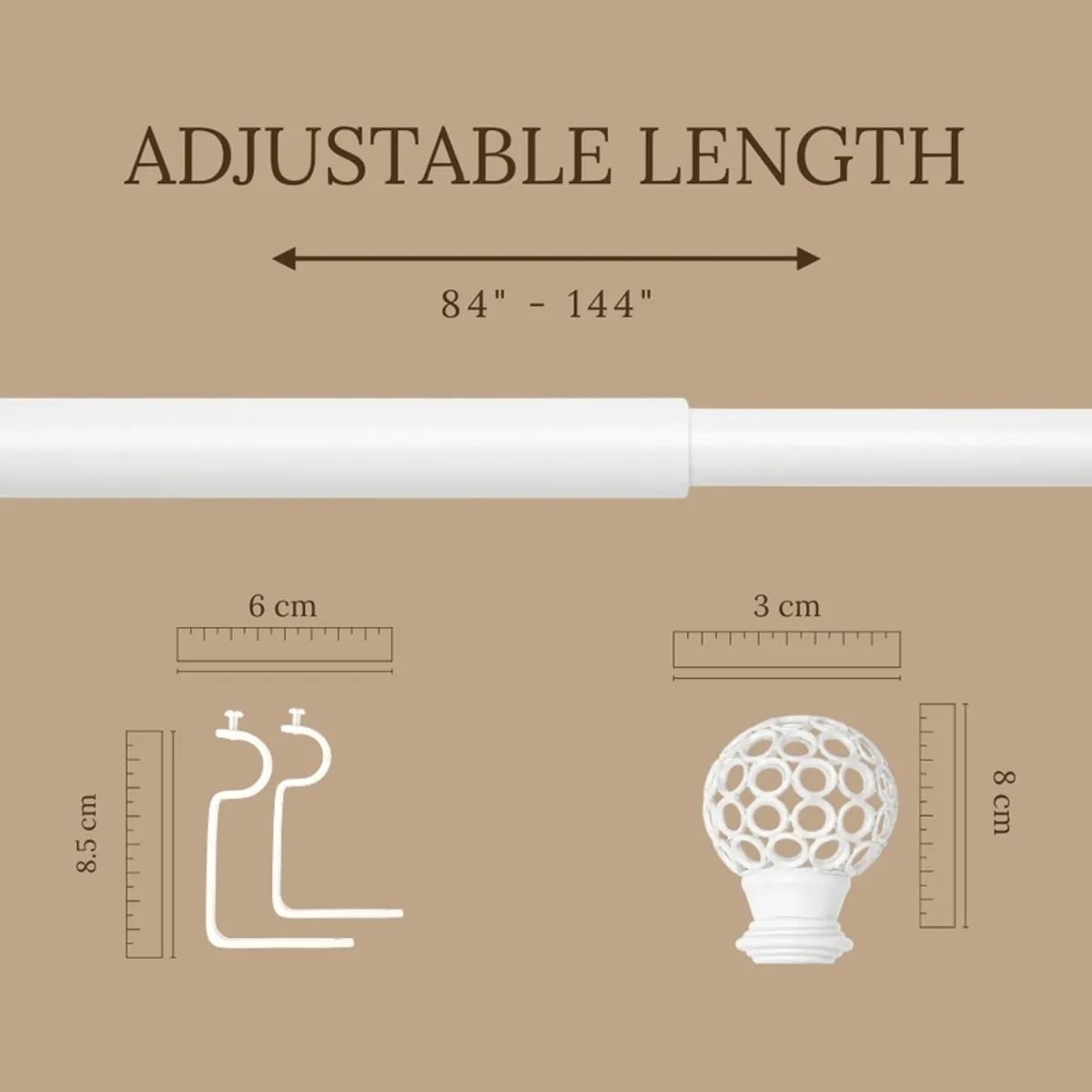 White extendable curtain rod with round finial and bracket shown in size graphic