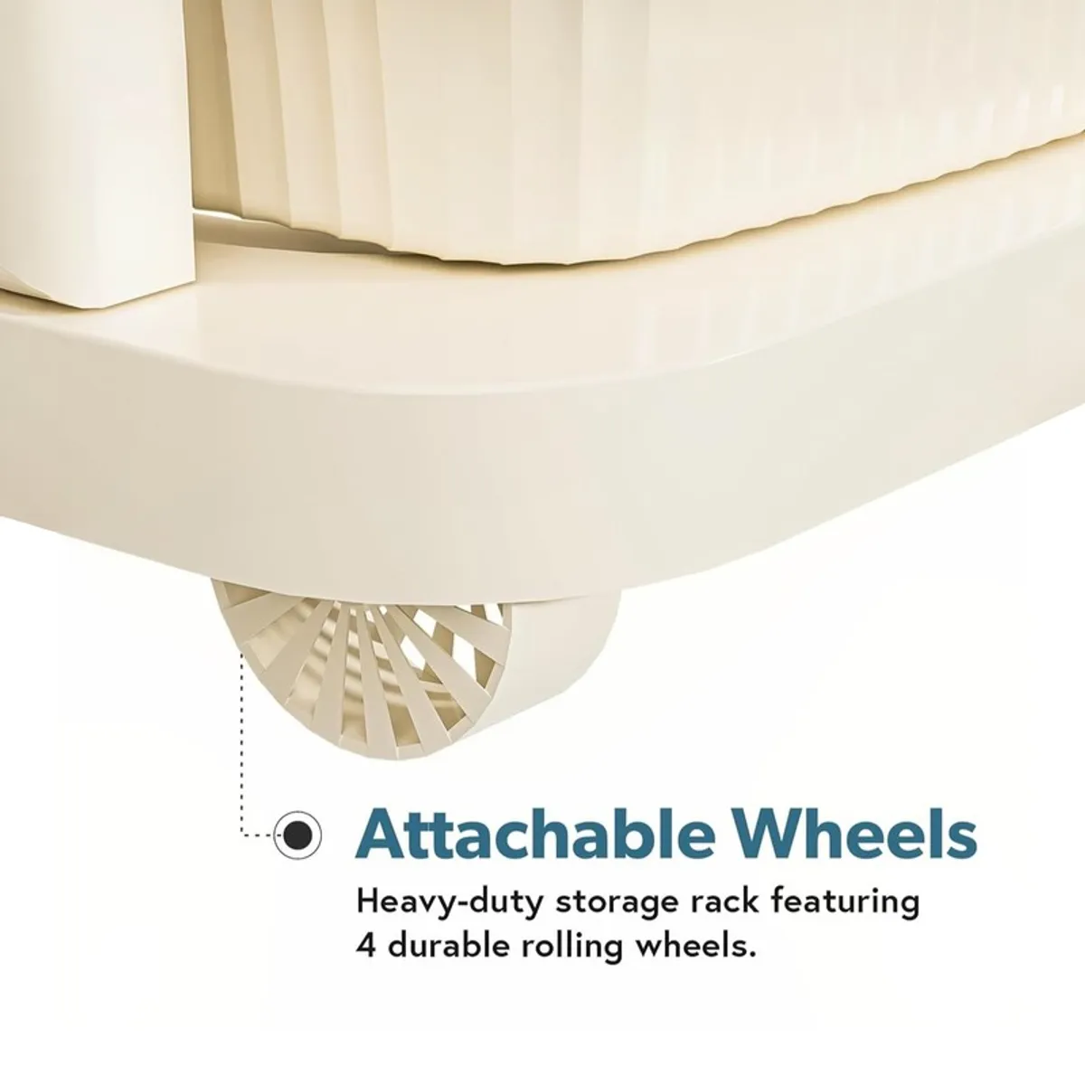 Close-up of a white rack wheel beneath its base
