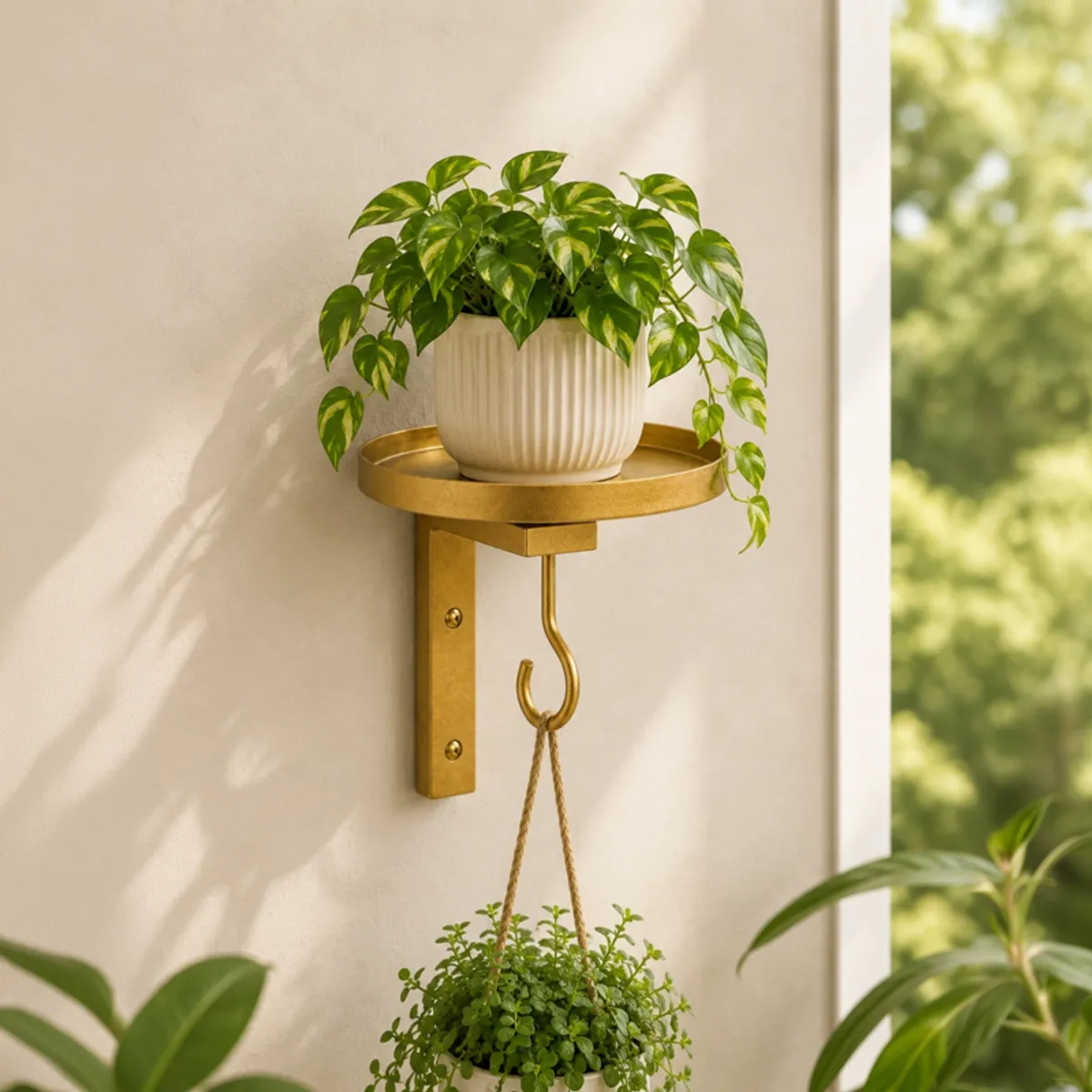 Close-up of a gold wall-mounted planter stand with a trailing plant