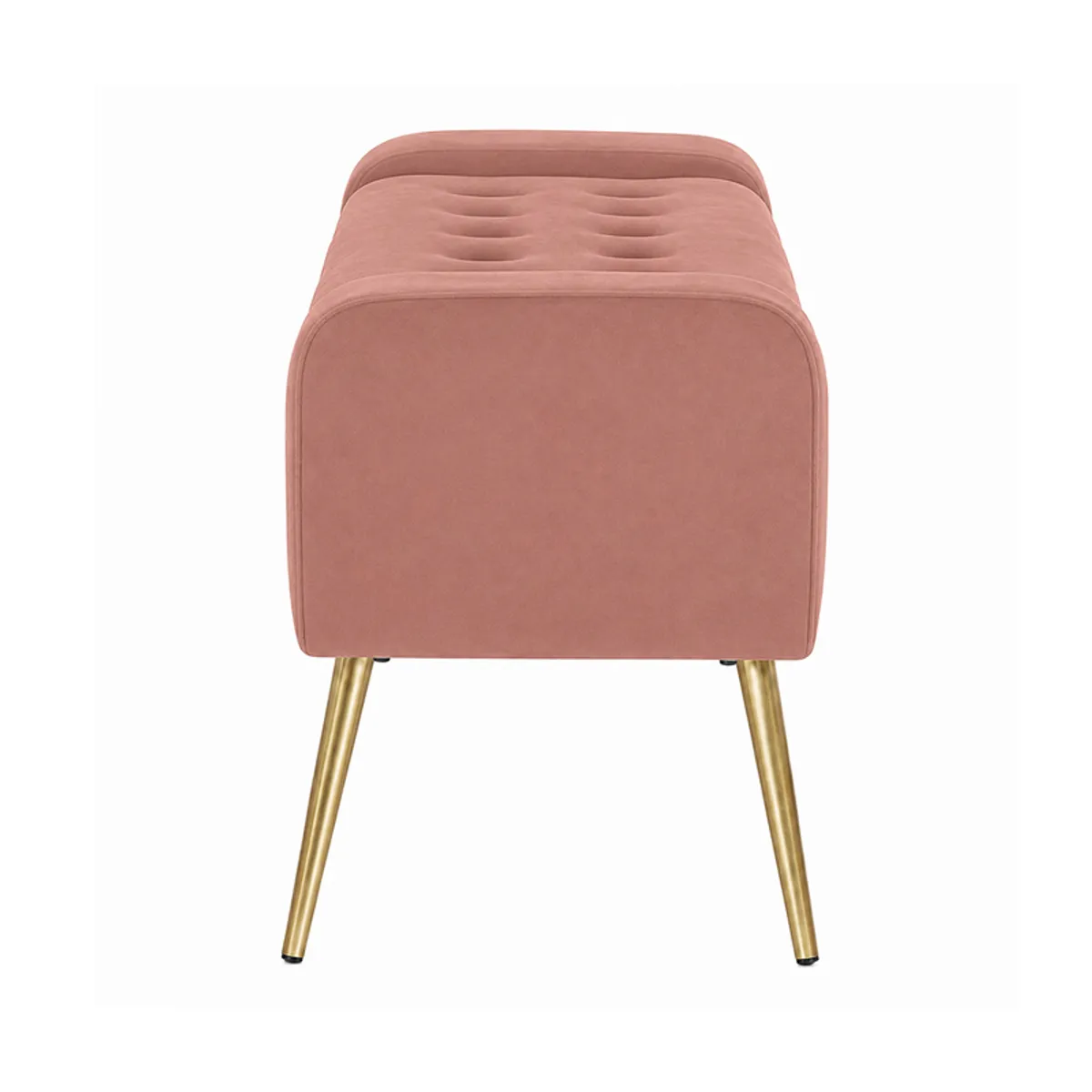 Side view showing the pink velvet bench's rounded arm and gold leg