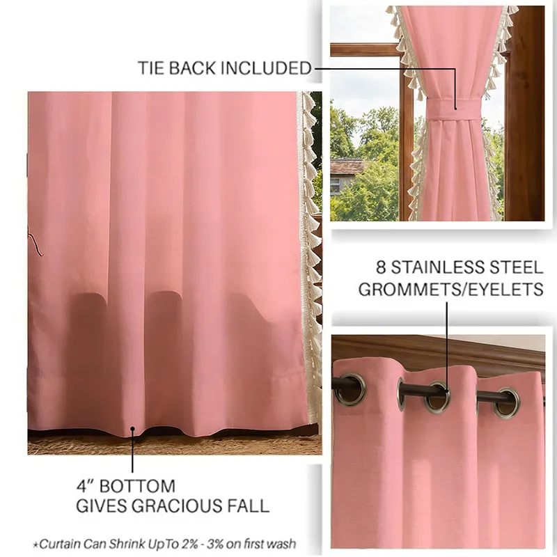 Pink curtain collage showing tasselled edge and eyelet top