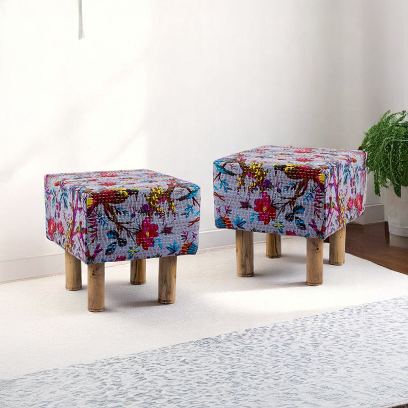 Qrixon Acacia Wooden Ottomans (Grey) - Set Of Two